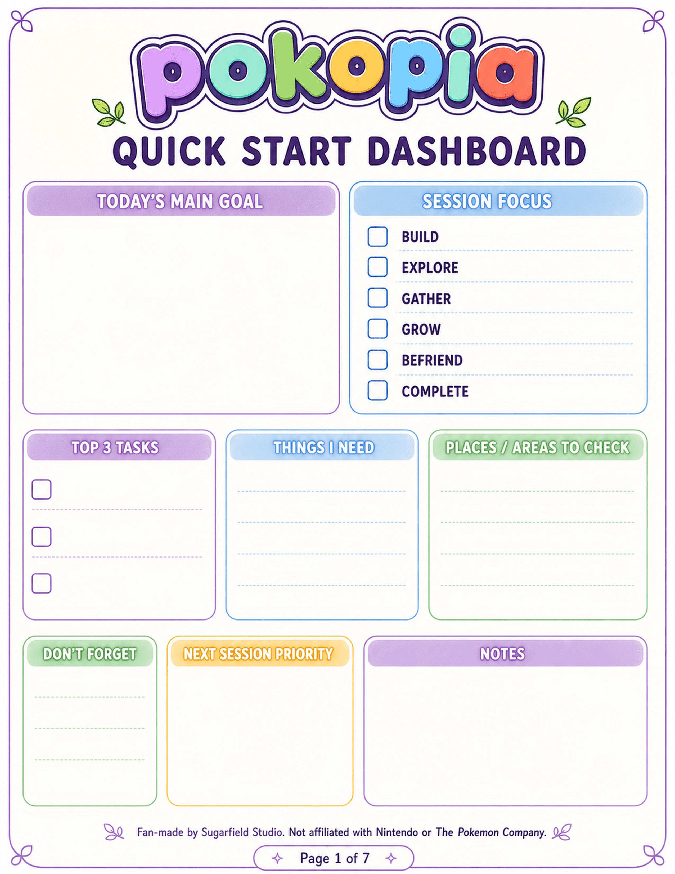 Pokopia Quick Start Dashboard printable page