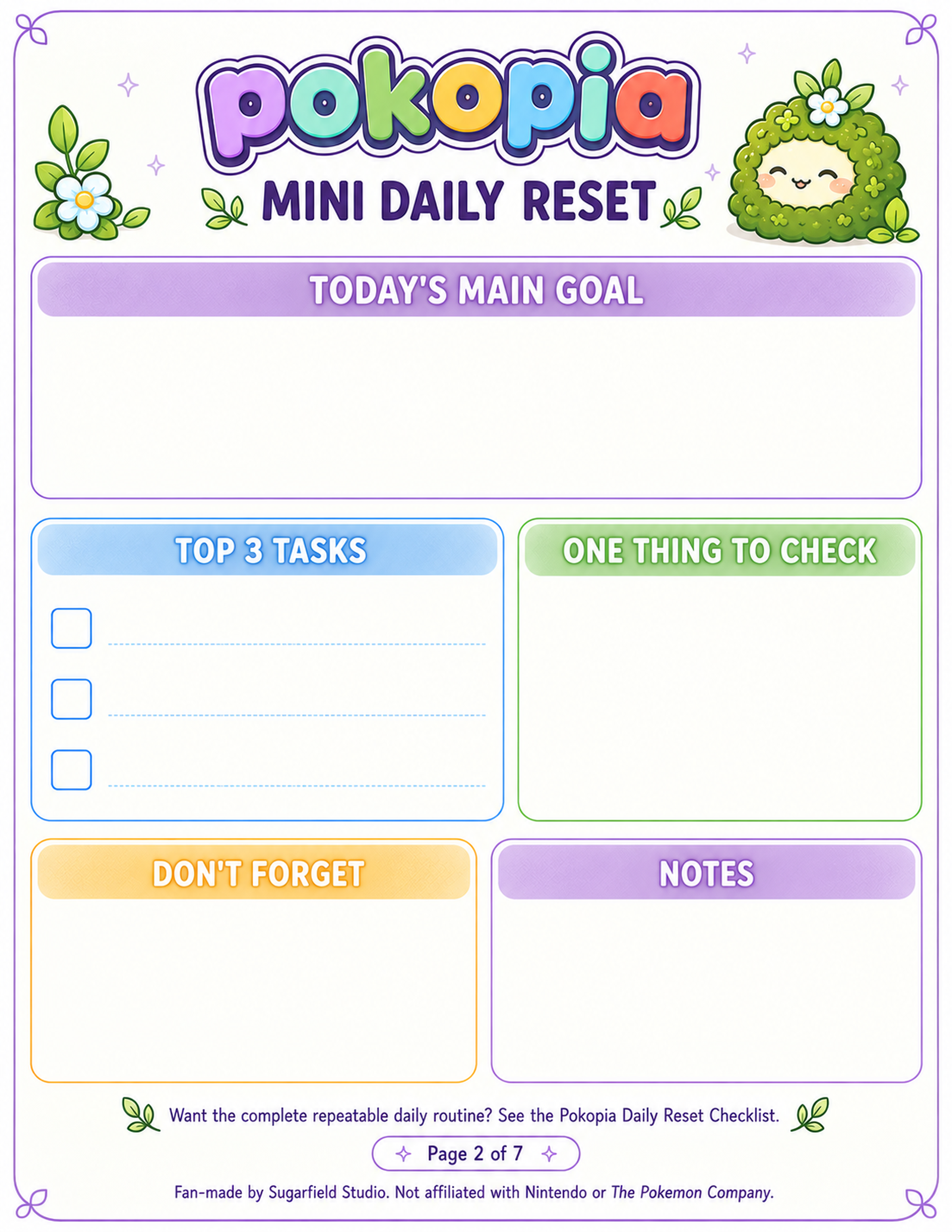 Pokopia Mini Daily Reset printable page