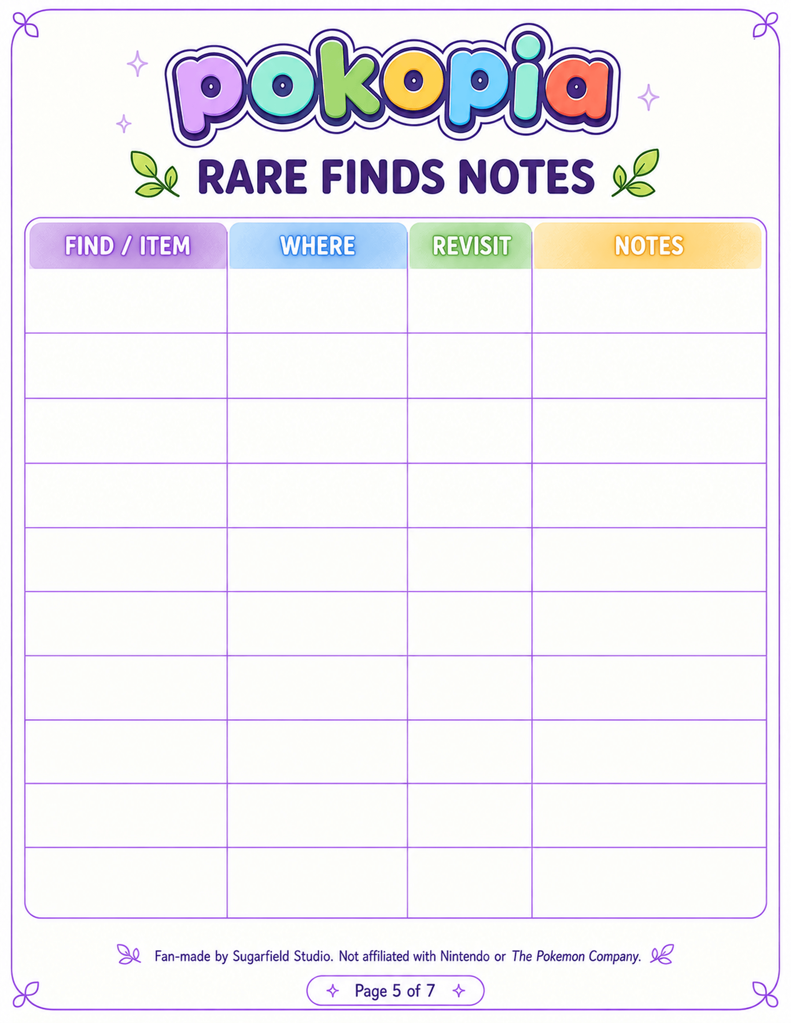 Pokopia Rare Finds Notes printable page